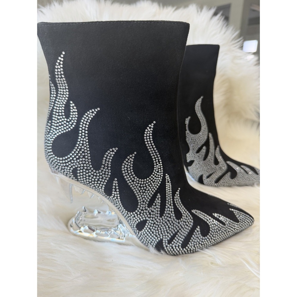 Womens Size 8 Wedge Heel Flame Rhinestone Pointed Toe Ankle Boots Fashion Trendy